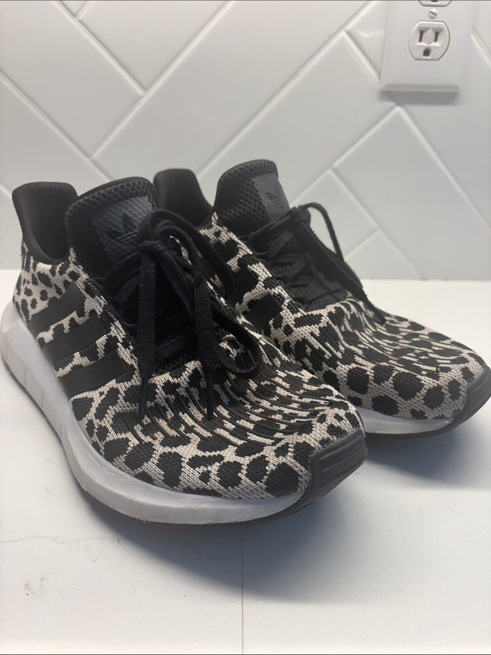 adidas Women's Black and White Animal Print Knit Sneakers